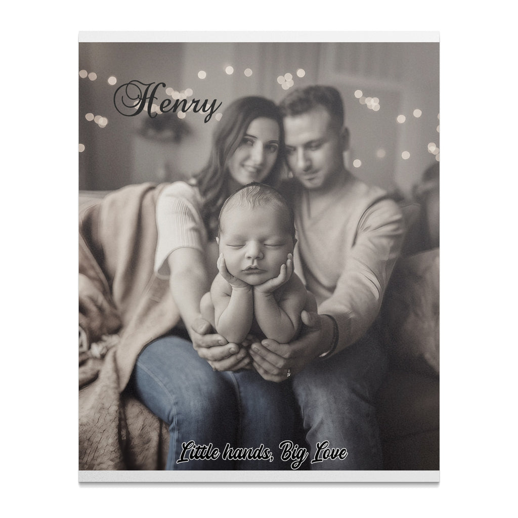 Parents holding newborn baby, "Little hands, Big Love" text overlay.
