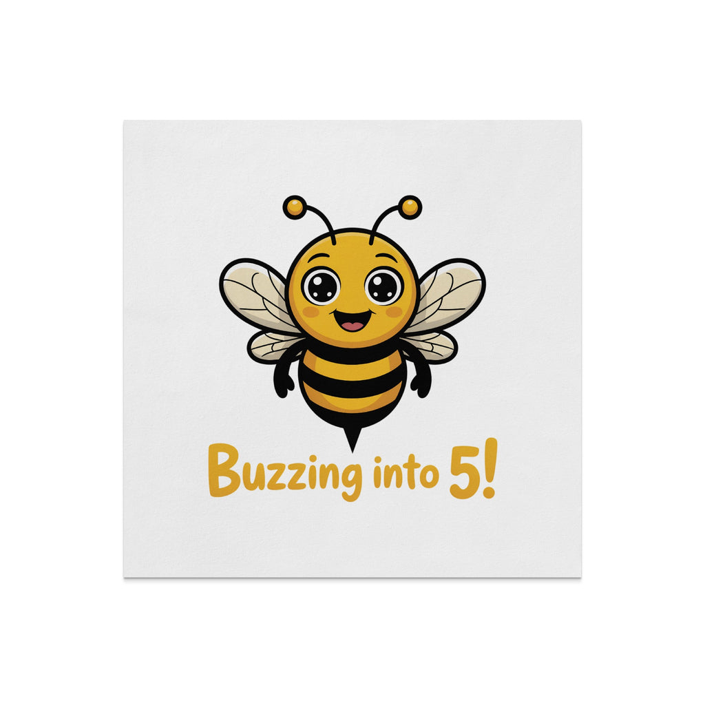 Cute cartoon bee with "Buzzing into 5!" text.