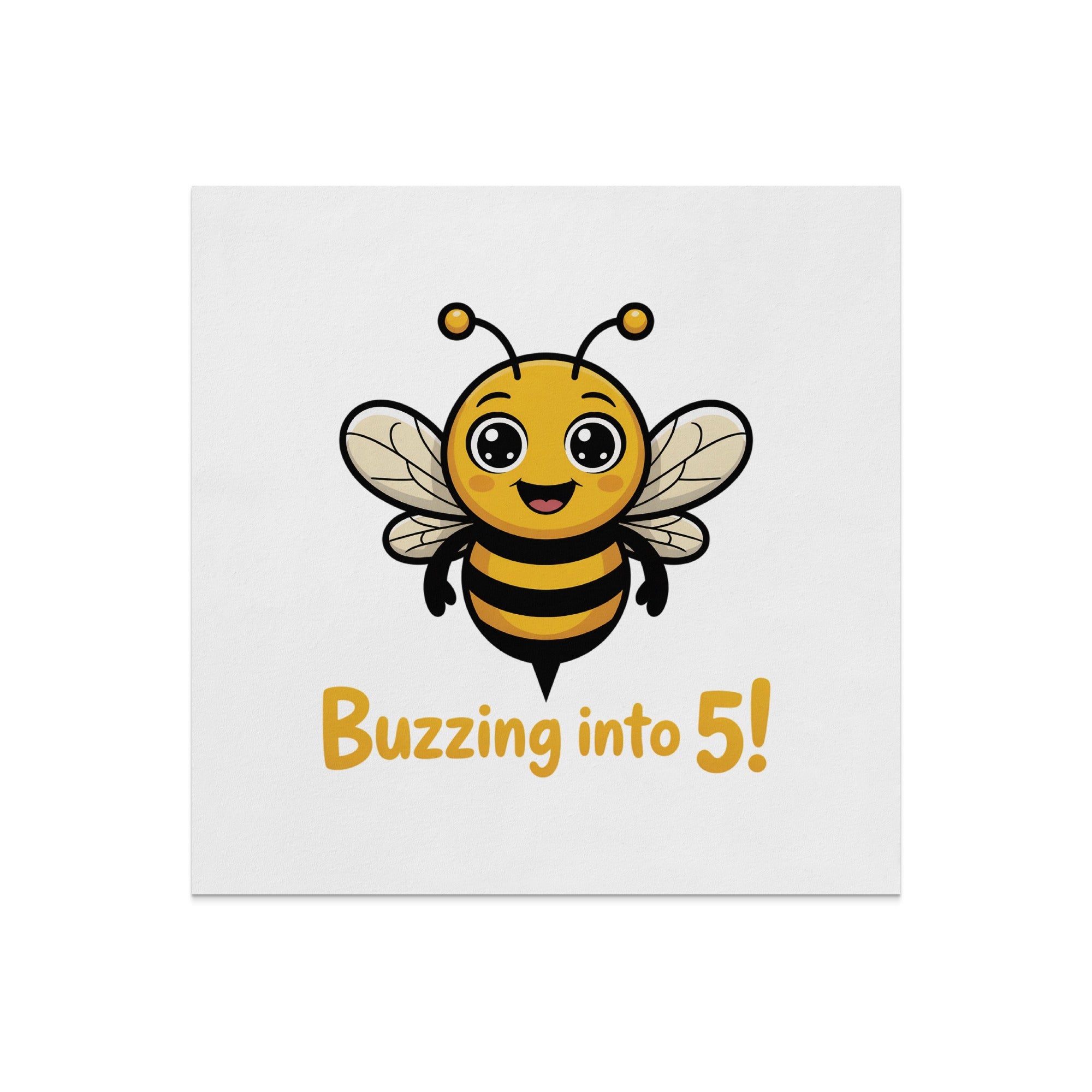 Cute cartoon bee with "Buzzing into 5!" text.