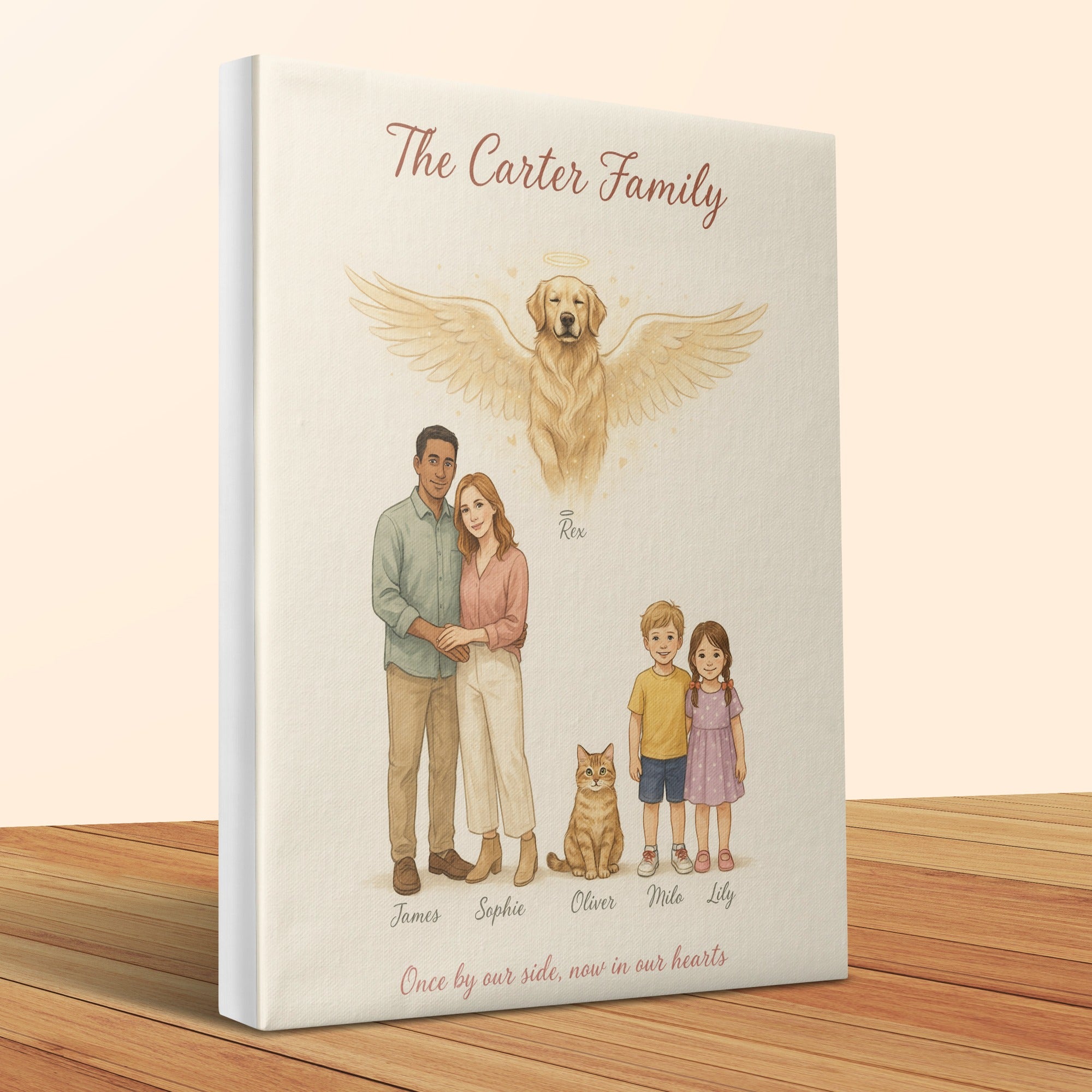 Custom family portrait with names and quote "The Carter Family" above an angel dog.