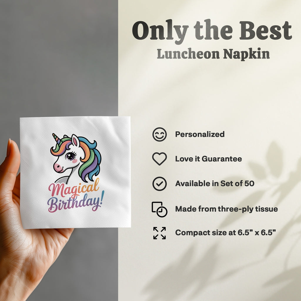 Unicorn luncheon napkin with "Magical Birthday!" text, displayed with product features.