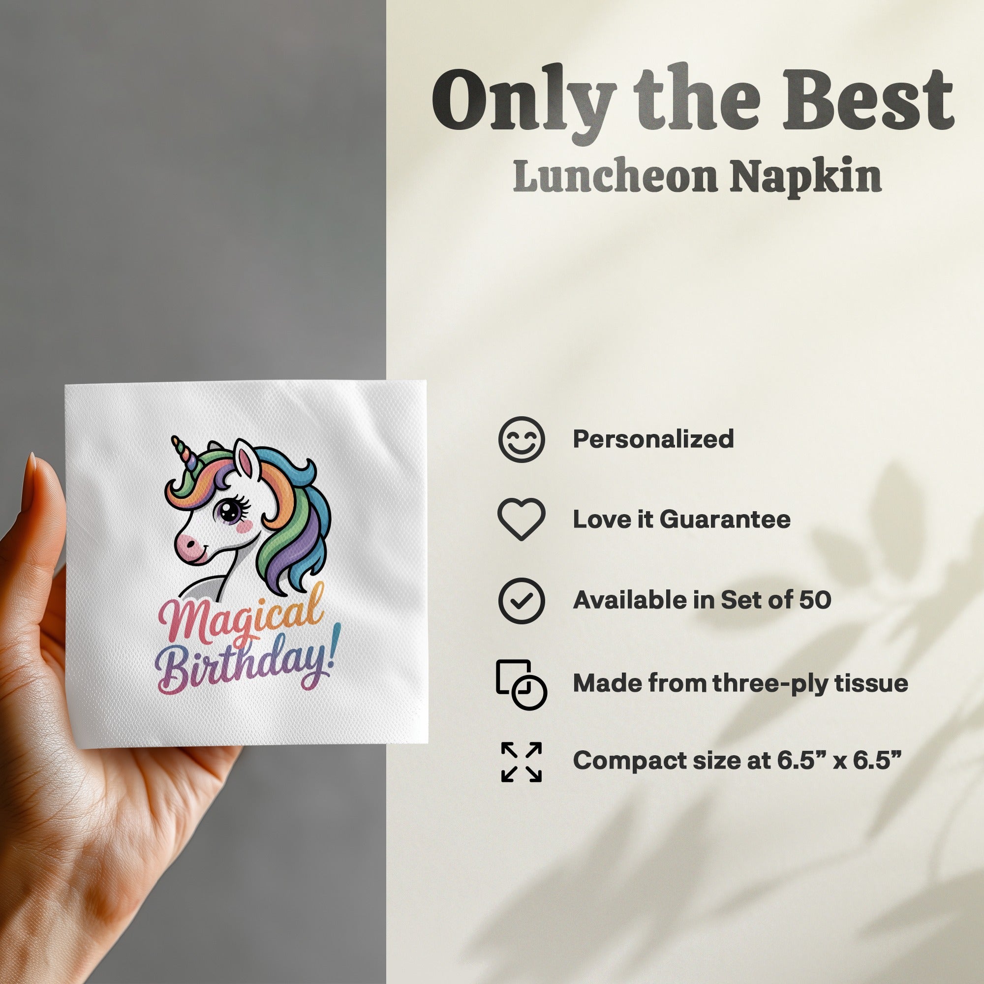 Unicorn luncheon napkin with "Magical Birthday!" text, displayed with product features.
