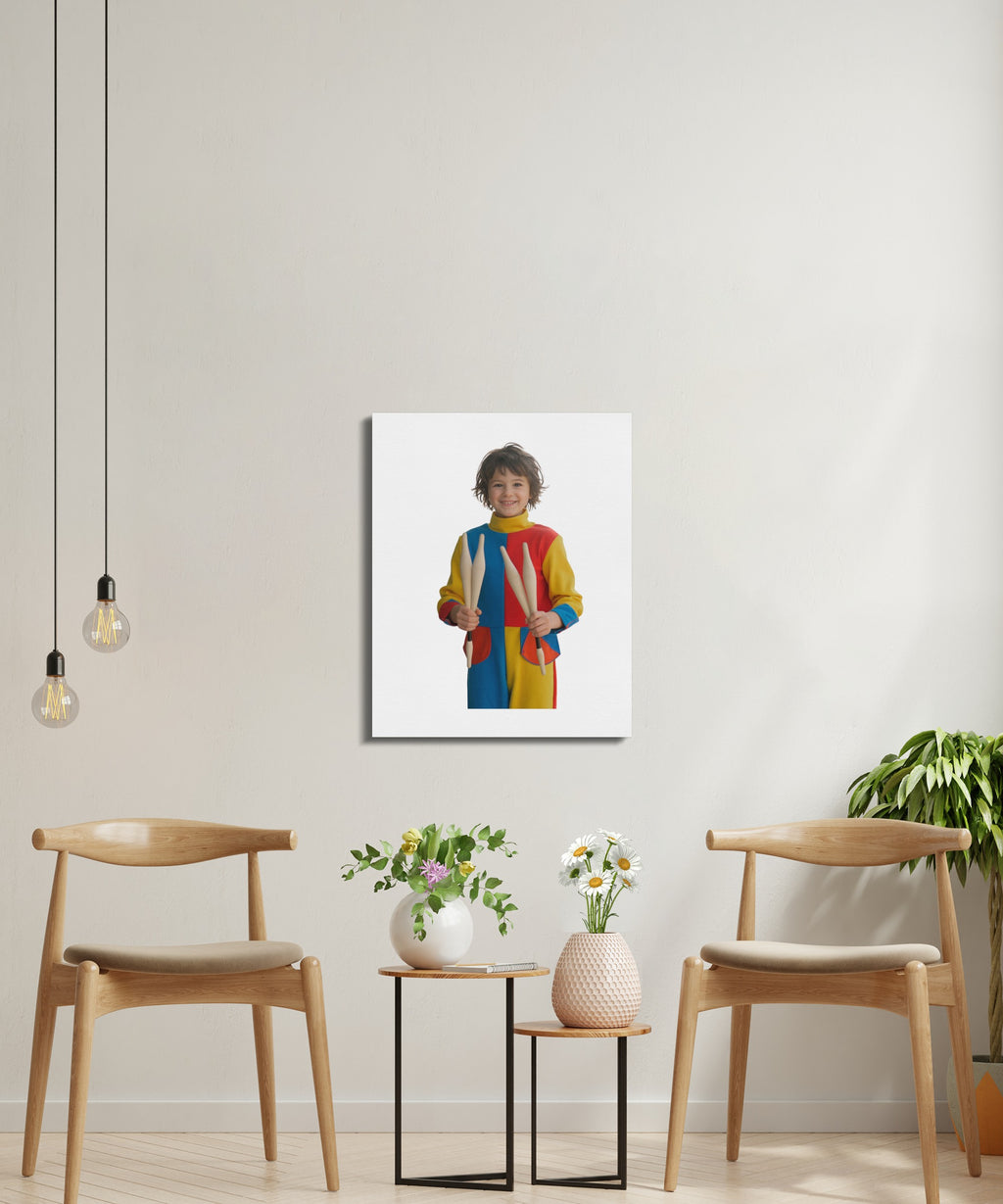 Young child in a colorful costume holding drumsticks.