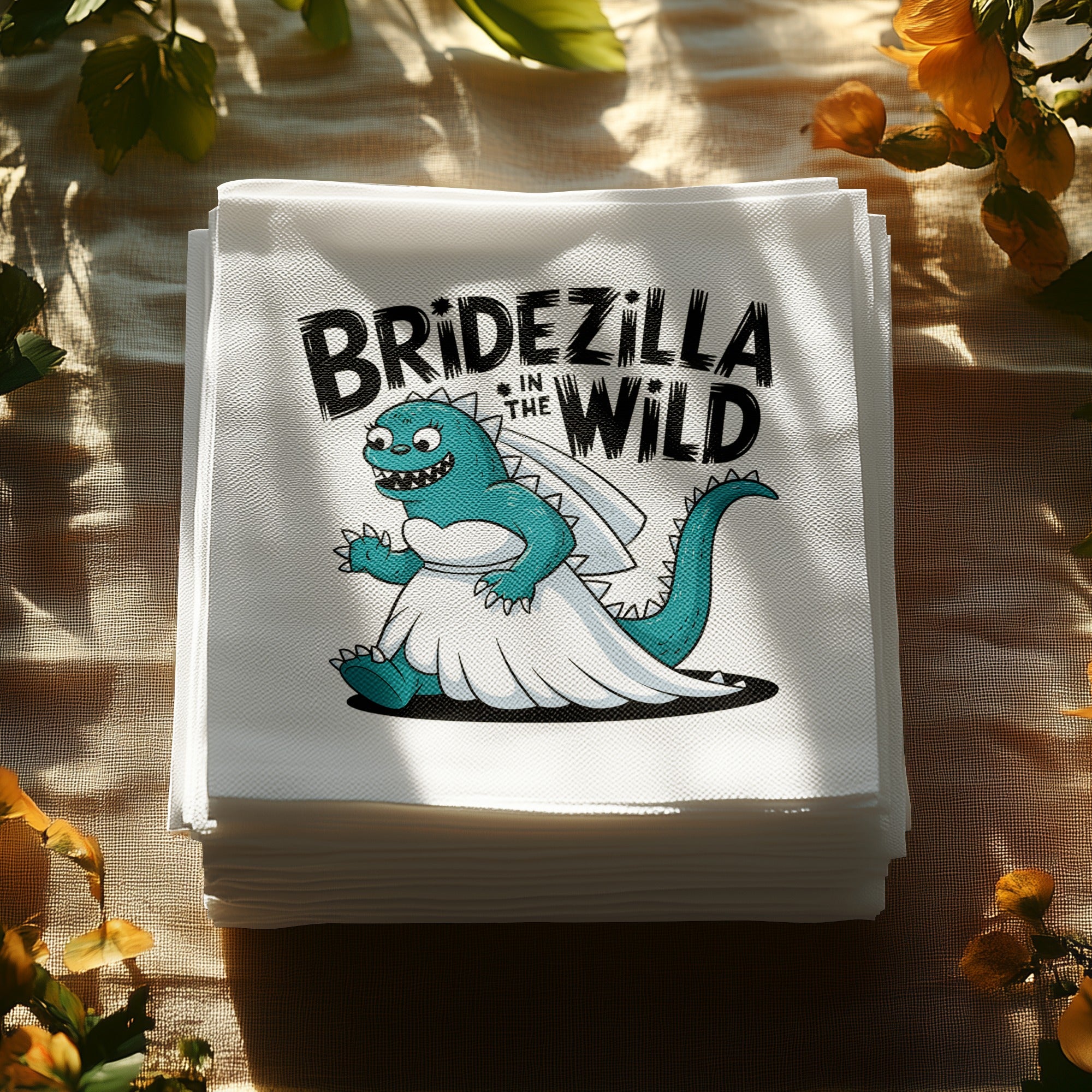 Stack of napkins with cartoon bridezilla dinosaur in wedding dress, text "BRIDEZILLA IN THE WILD".