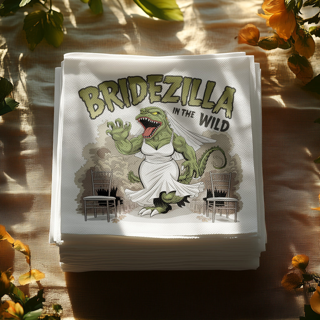 Bridezilla in the Wild graphic on a stack of white napkins between two chairs.