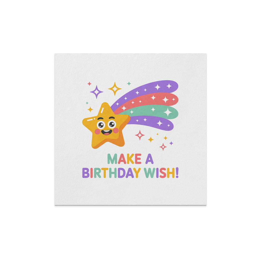 Smiling star with colorful tail and "Make a birthday wish!" text.