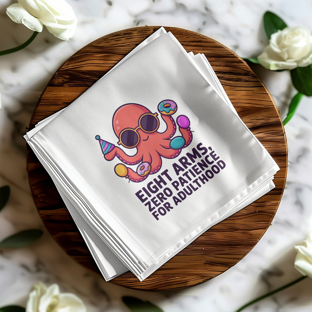 Octopus with party hat and donuts on a cloth napkin.