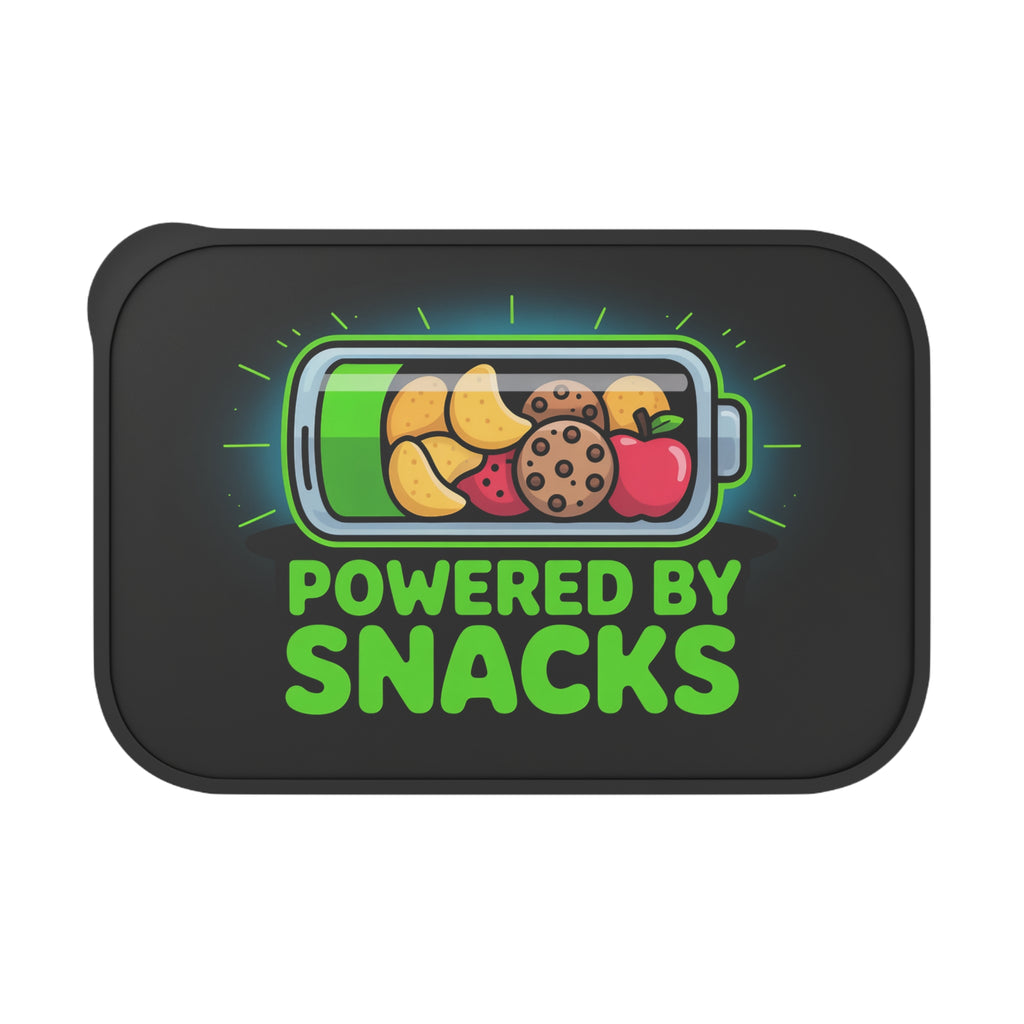 Battery icon filled with snacks and text "POWERED BY SNACKS".