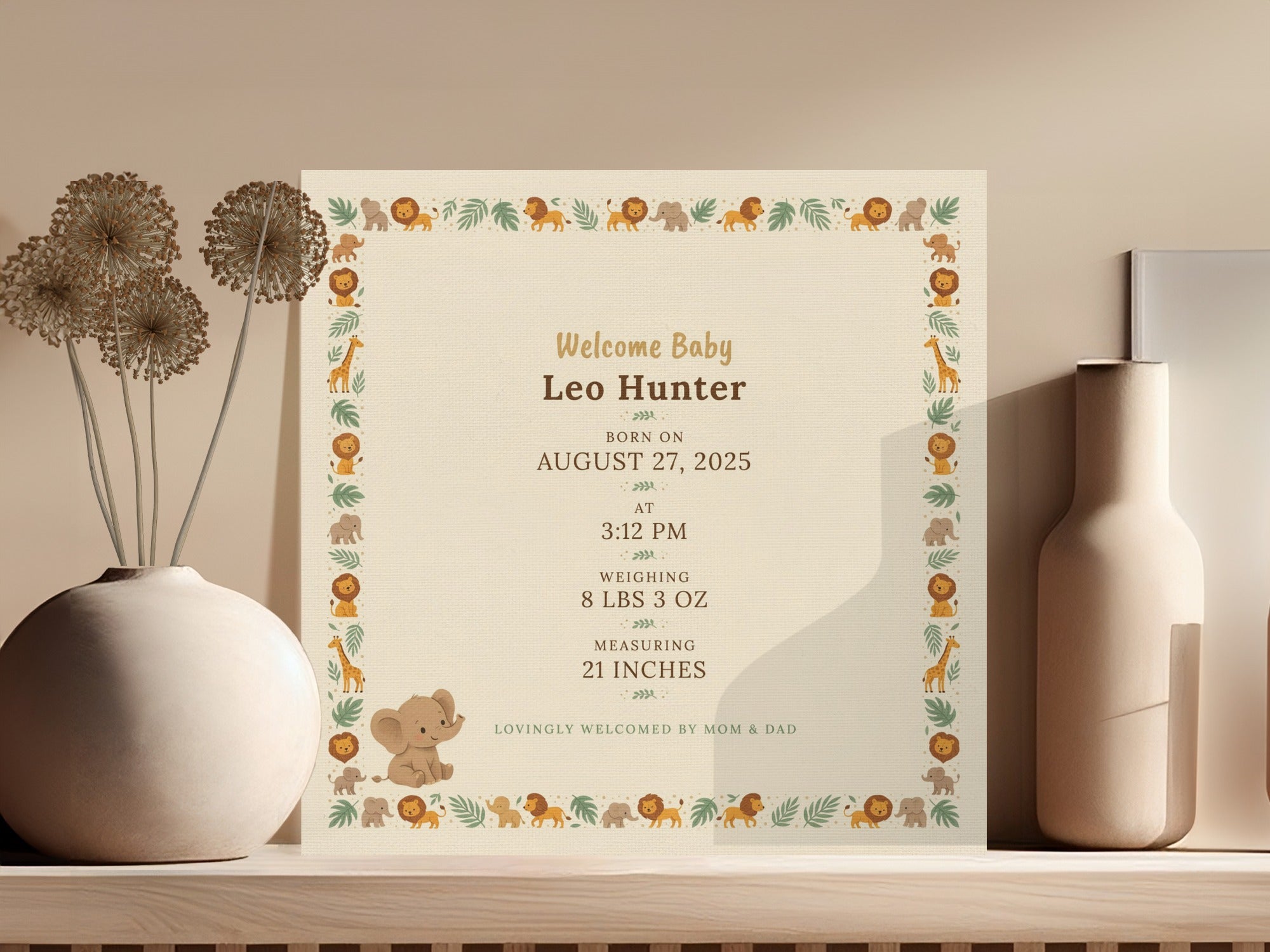Baby birth announcement for Leo Hunter, born August 27, 2025 at 3:12 PM.