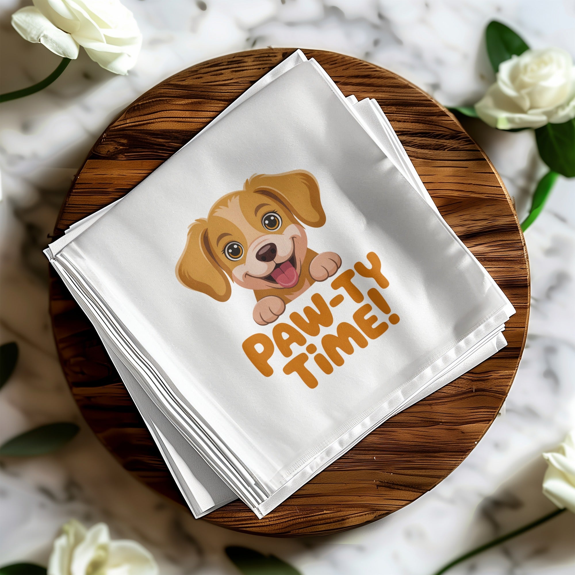 White bandana with cartoon dog and text "Paw-ty Time!"