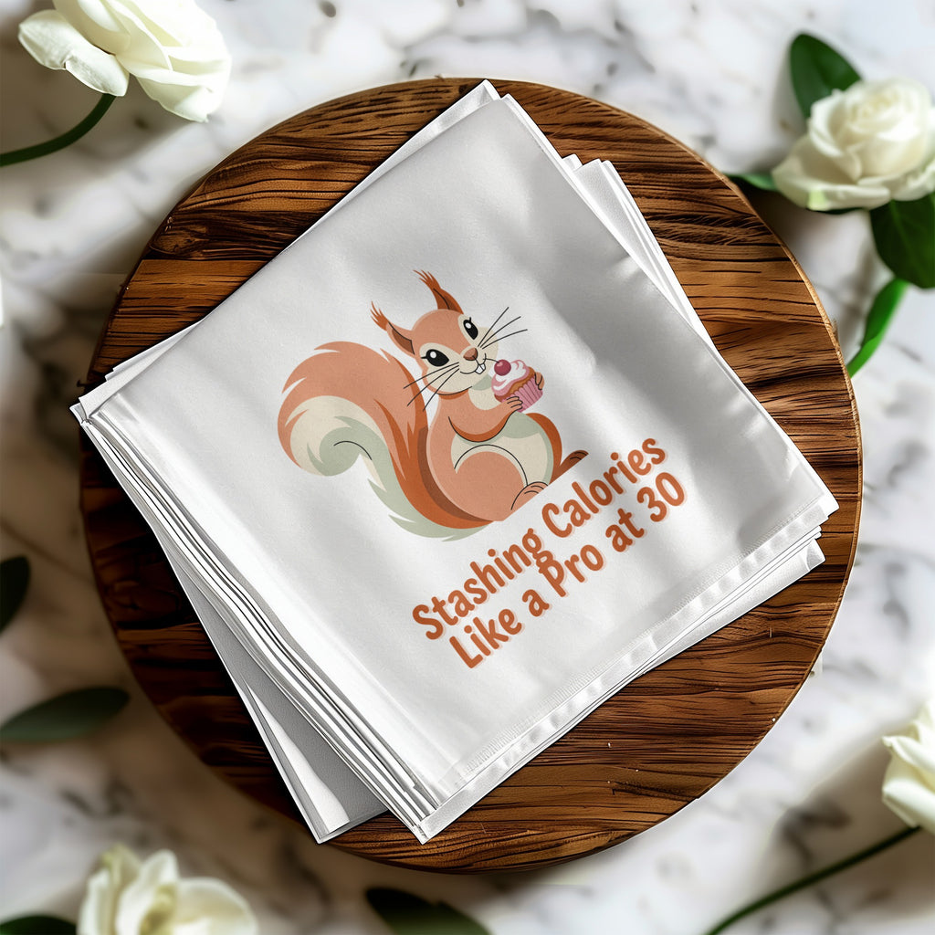 Squirrel with cupcake on napkin, "Stashing Calories Like a Pro at 30" text.