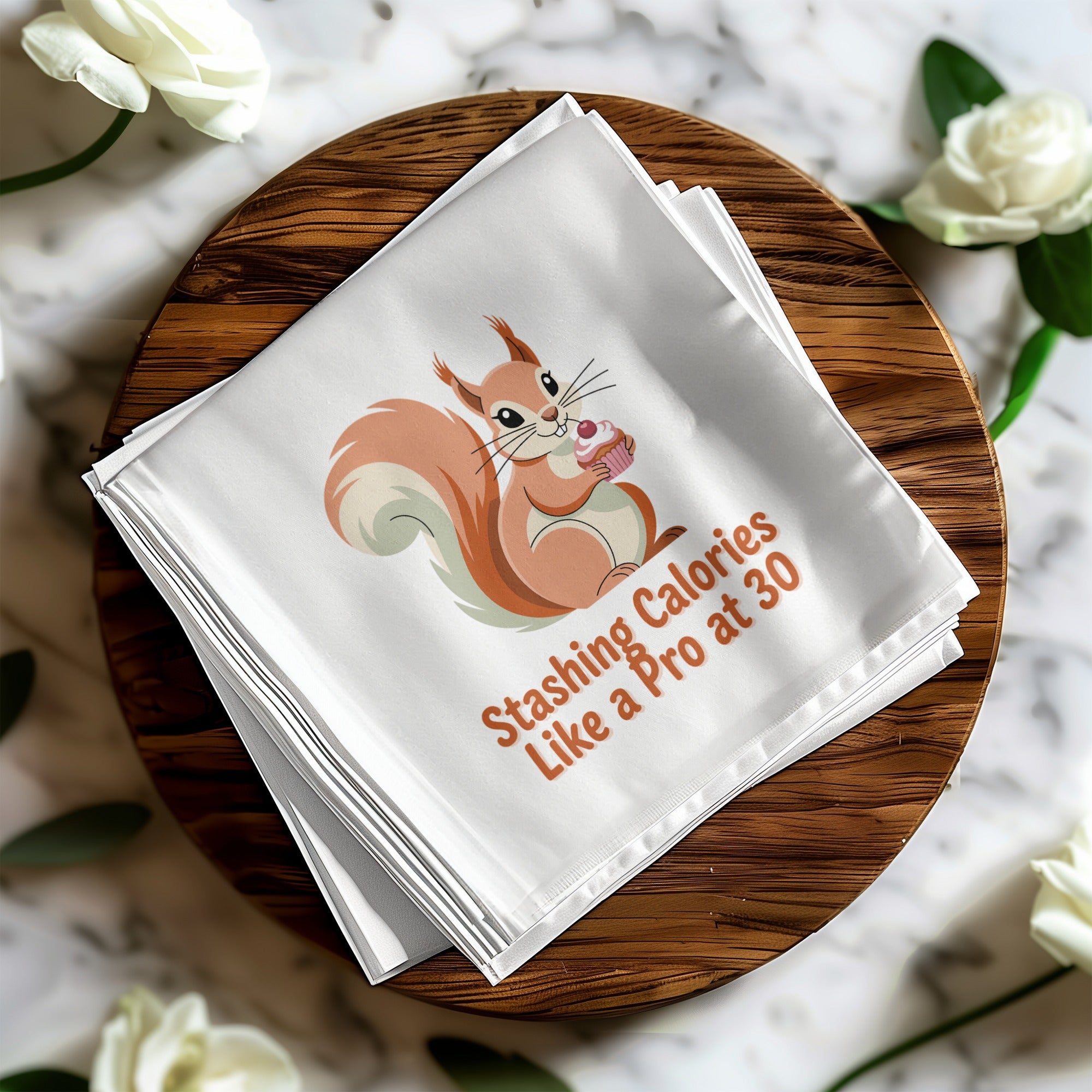 Squirrel with cupcake on napkin, "Stashing Calories Like a Pro at 30" text.