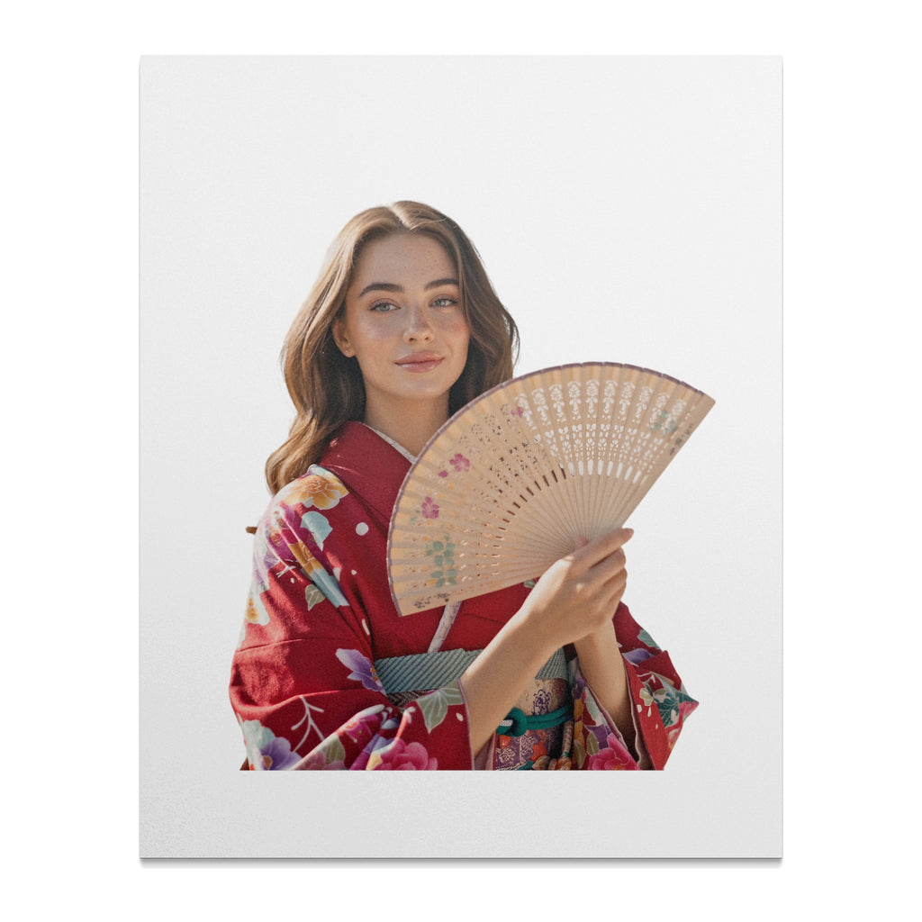 Woman in red kimono holding a fan on a white background.
