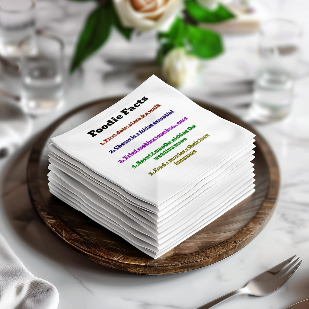 Stack of napkins with "Foodie Facts" and numbered relationship milestones.