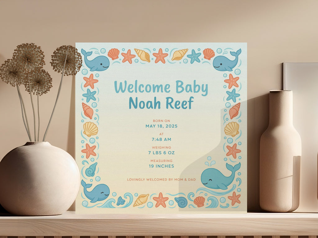 Welcome Baby Noah Reef details: born May 18, 2025, 7:48 AM, 7 lbs 6 oz, 19 inches.