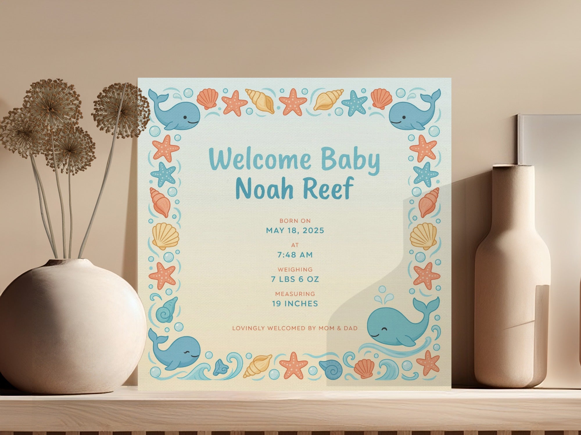 Welcome Baby Noah Reef details: born May 18, 2025, 7:48 AM, 7 lbs 6 oz, 19 inches.