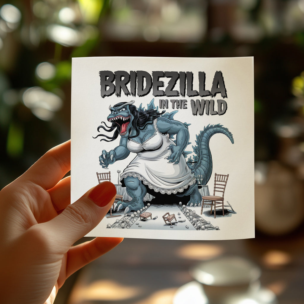 Bridezilla in the Wild text with Godzilla in a wedding dress.