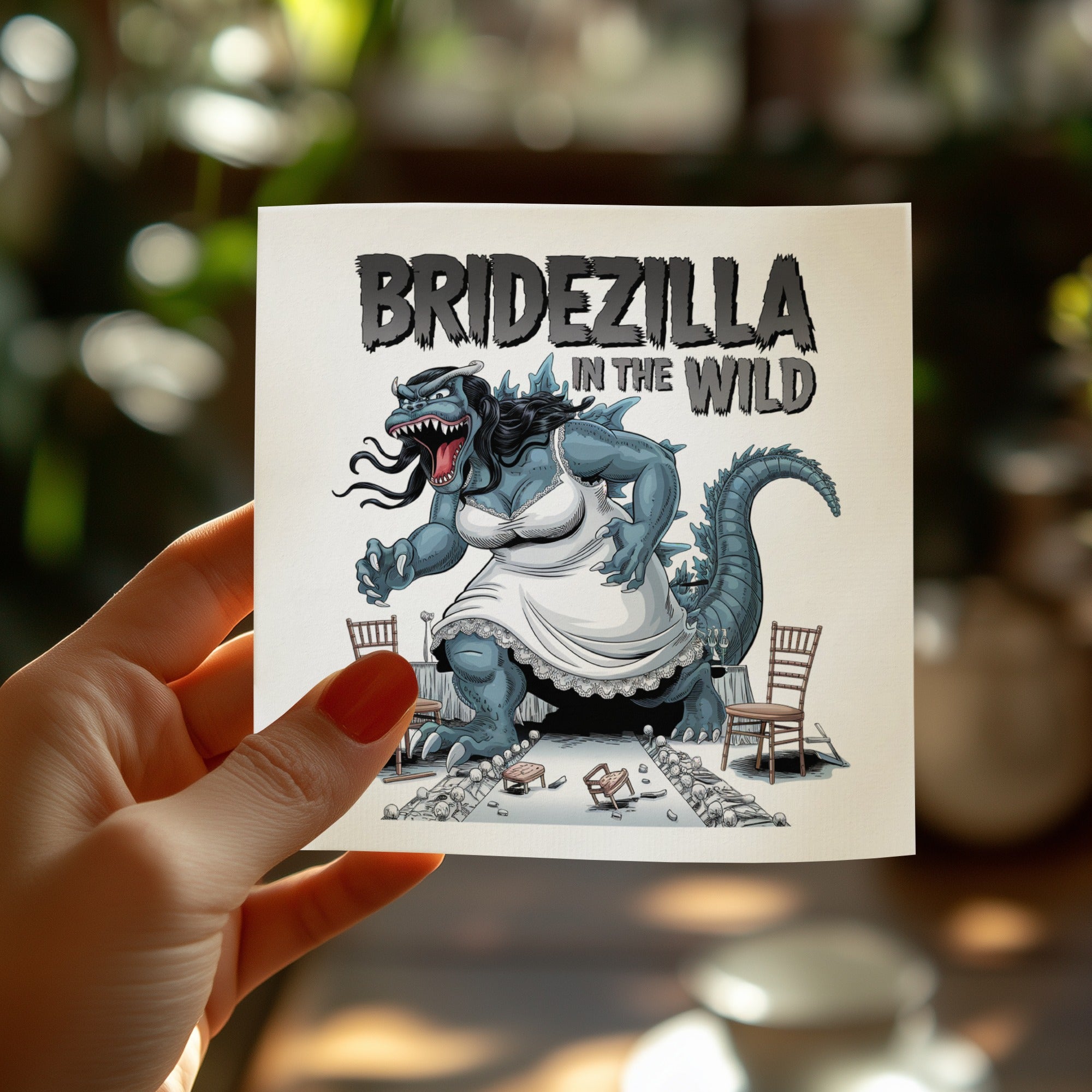 Bridezilla in the Wild text with Godzilla in a wedding dress.