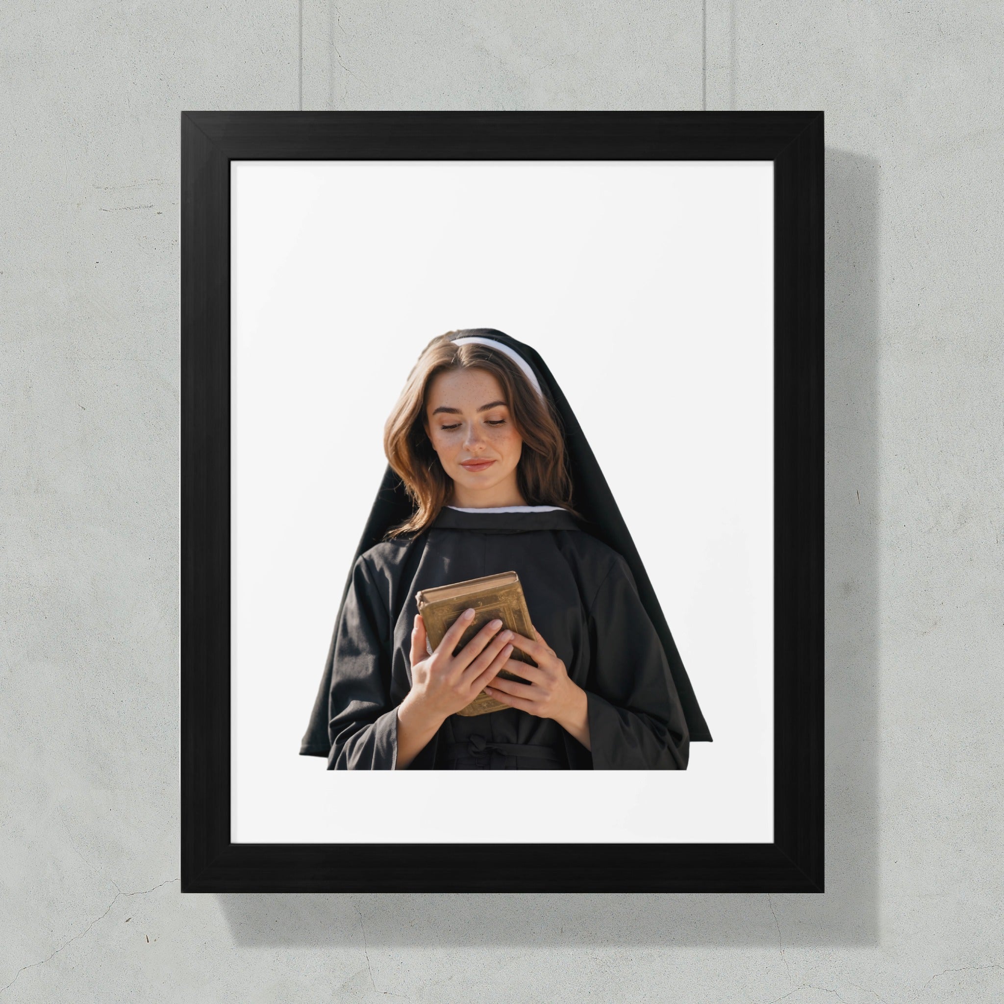 Nun in black habit holding an open religious book.