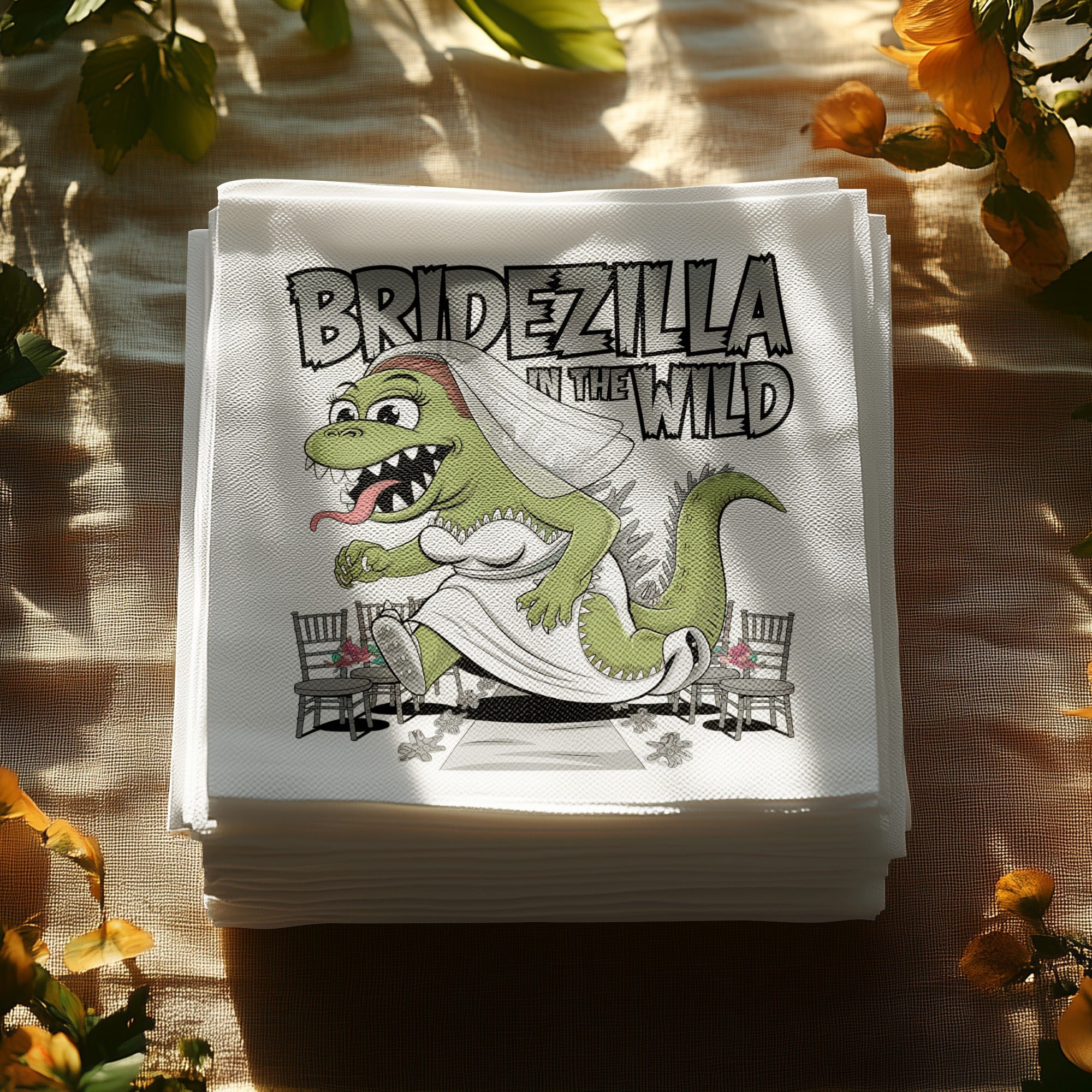 Bridezilla dinosaur in wedding dress on napkins.