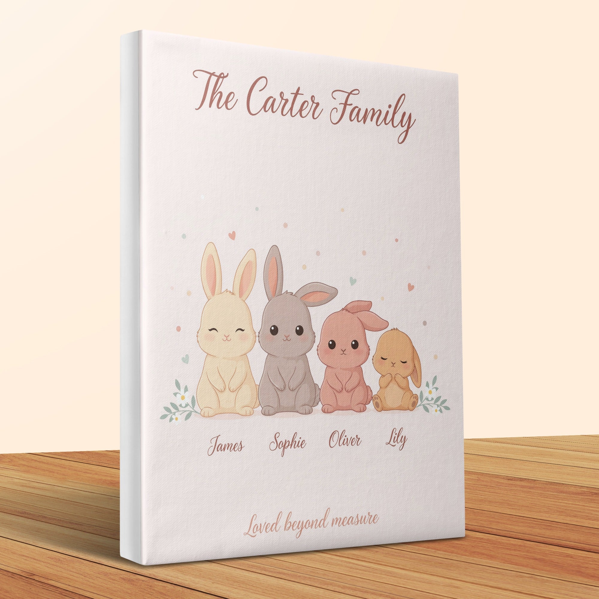The Carter Family canvas features four cute bunnies and the text "Loved beyond measure".