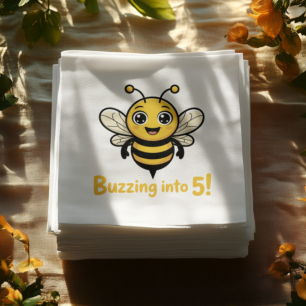 Bee illustration and "Buzzing into 5!" text on a stack of white napkins.