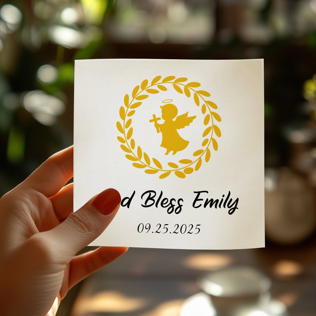Angel with laurel wreath, "God Bless Emily" and date "09.25.2025".