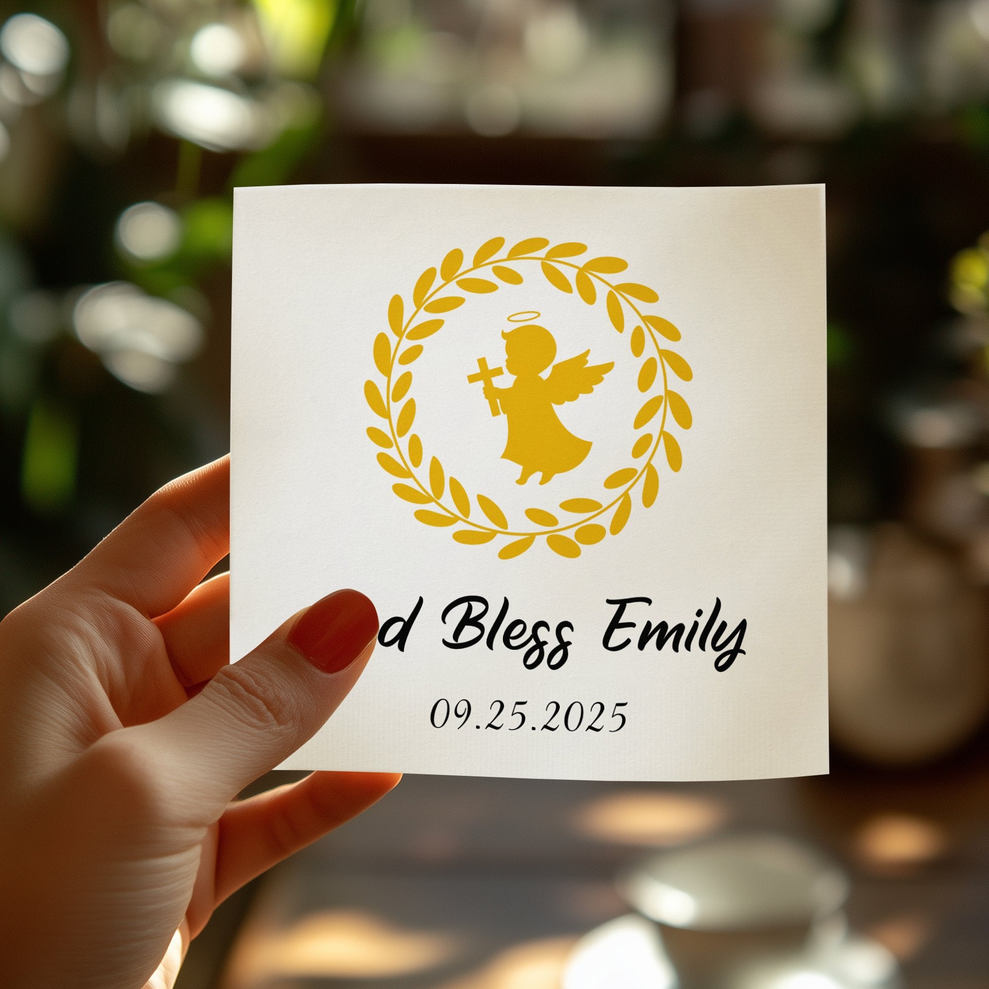 Angel with laurel wreath, "God Bless Emily" and date "09.25.2025".