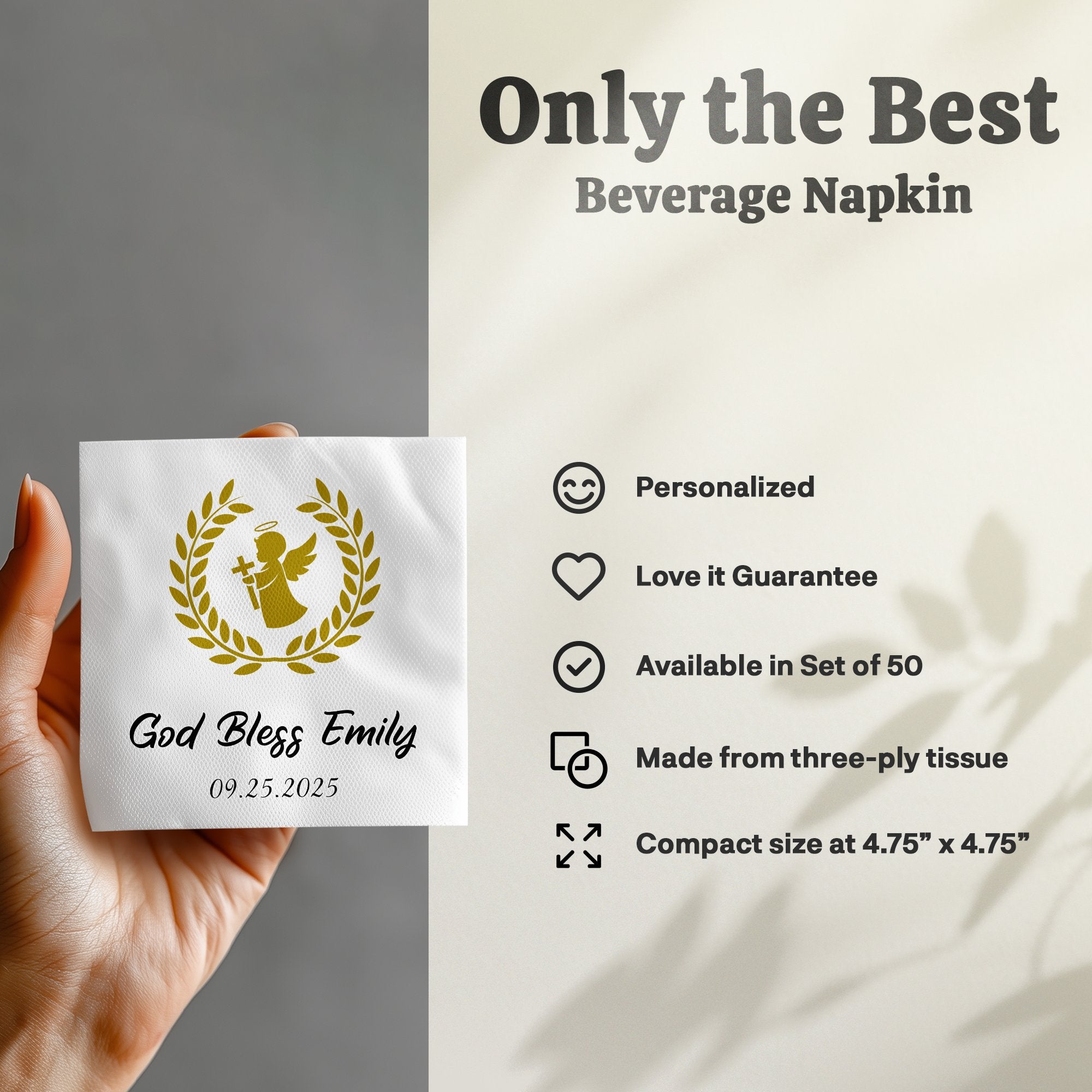 Beverage napkin with "God Bless Emily 09.25.2025" and gold angel design.