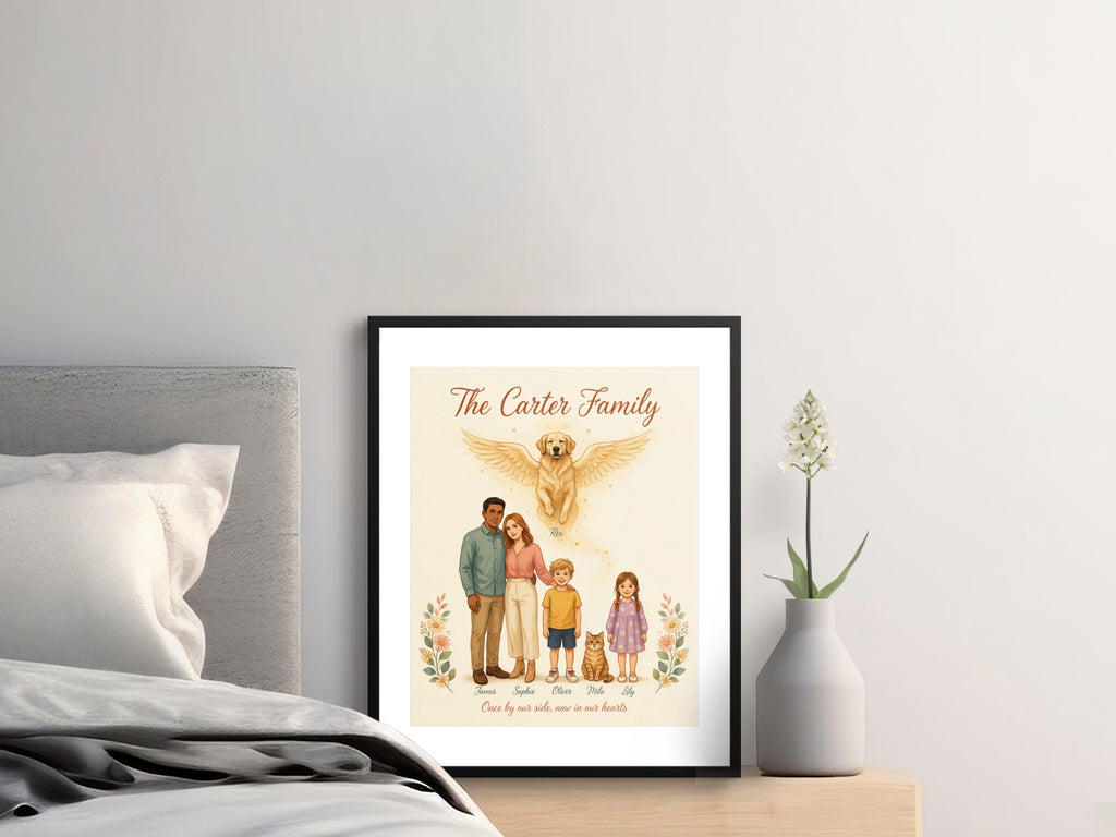 Personalized family portrait with names below, featuring a winged dog above.