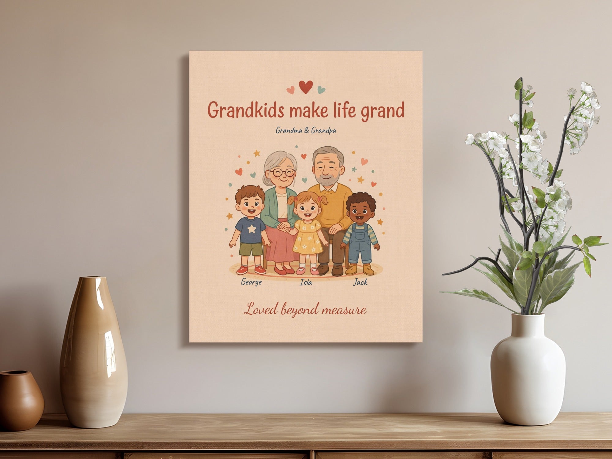 Grandkids make life grand. Grandma and Grandpa with George, Isla, and Jack.