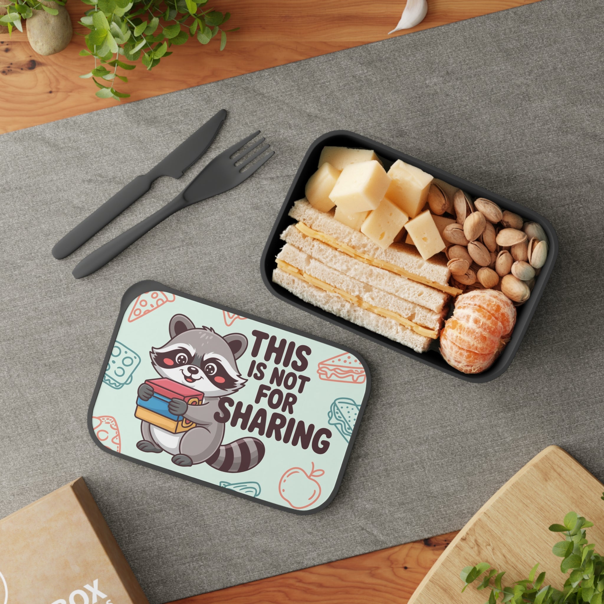 Lunchbox with raccoon illustration and sandwich, cheese, and nuts inside.