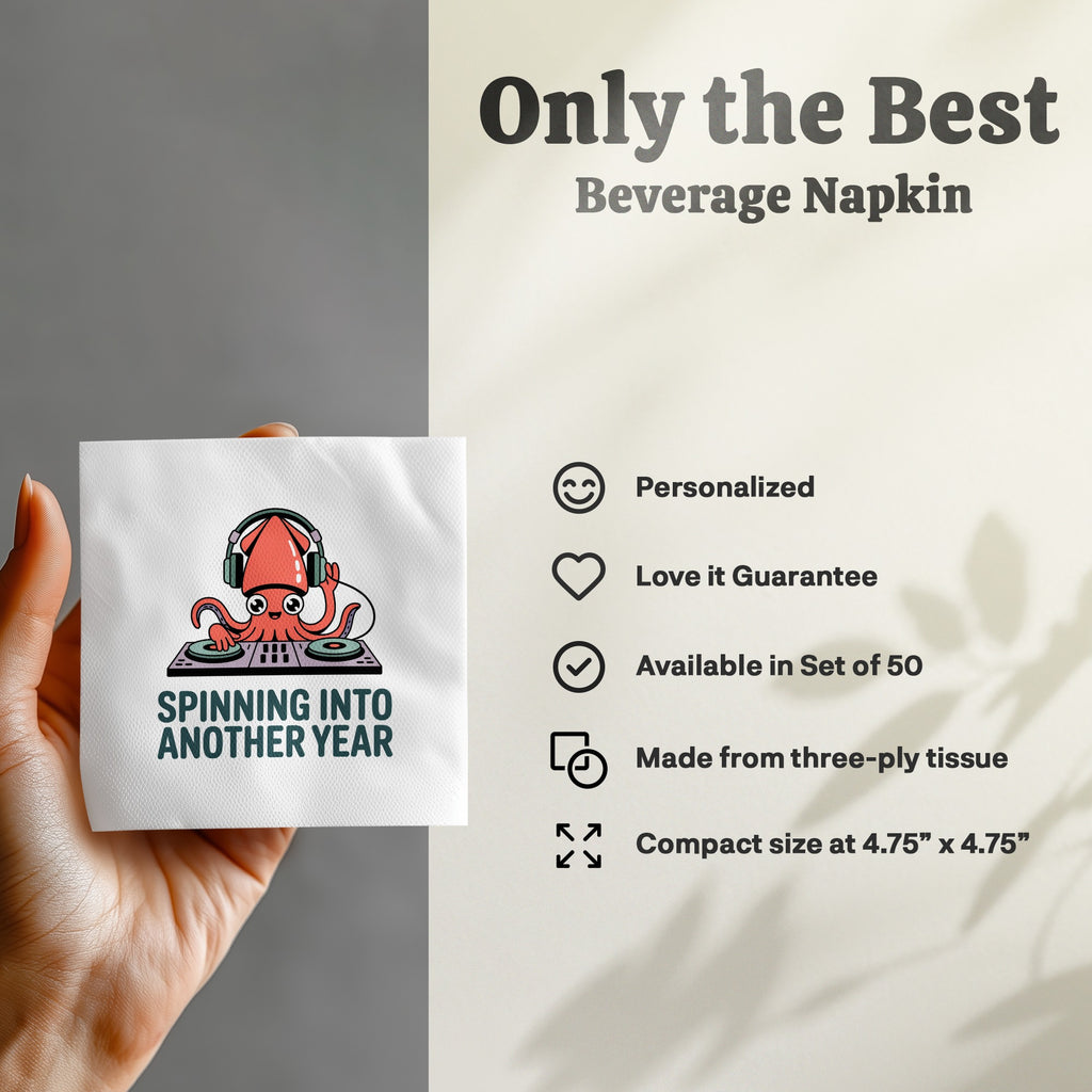 Beverage napkin with spinning octopus DJ and text "SPINNING INTO ANOTHER YEAR".