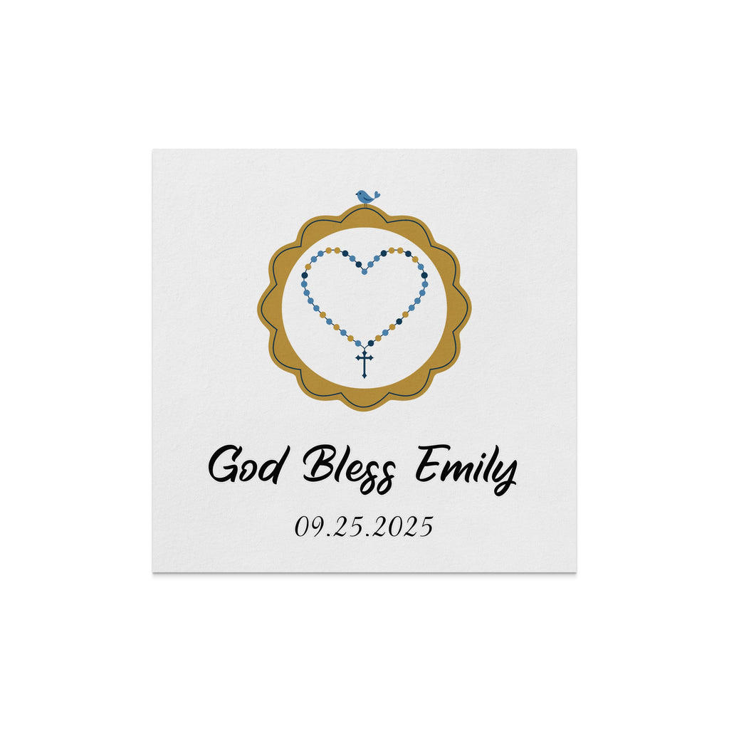 God Bless Emily Rosary 09.25.2025 card with blue bird and gold frame.