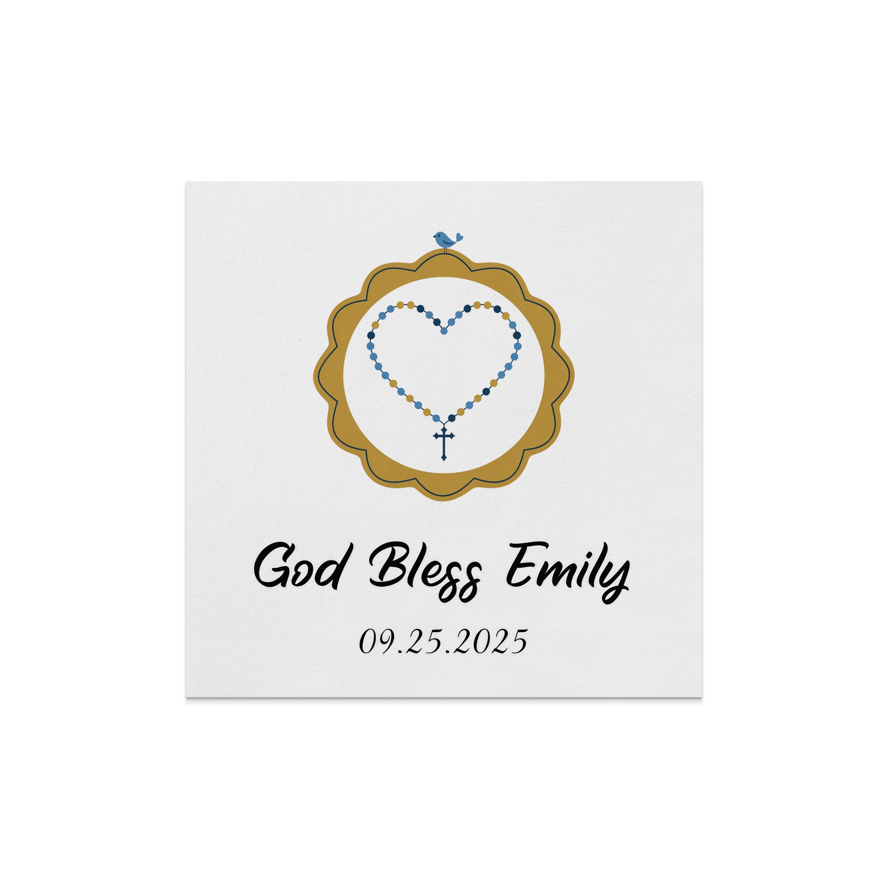 God Bless Emily Rosary 09.25.2025 card with blue bird and gold frame.