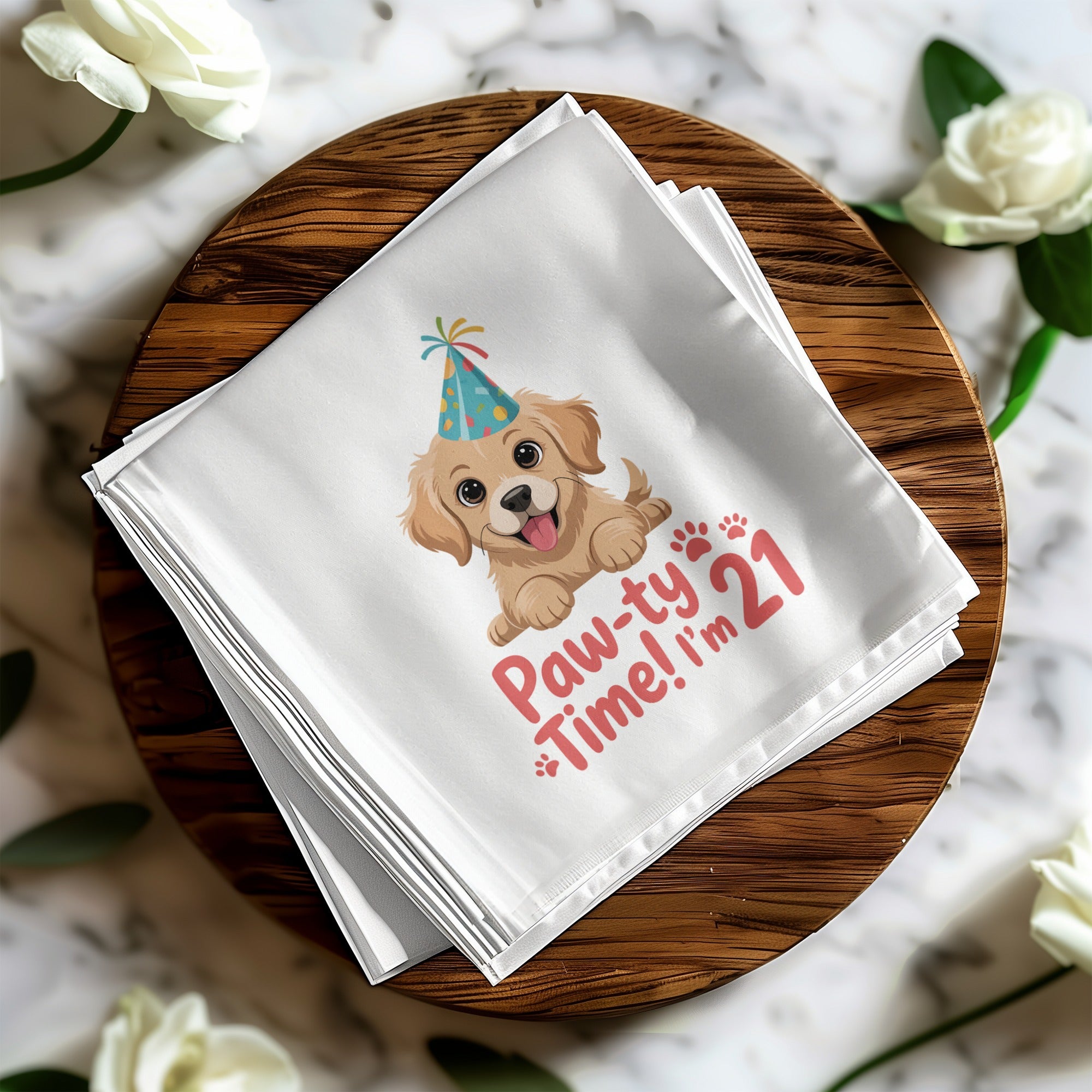 White bandana with puppy and "Paw-ty! Time! I'm 21" text.