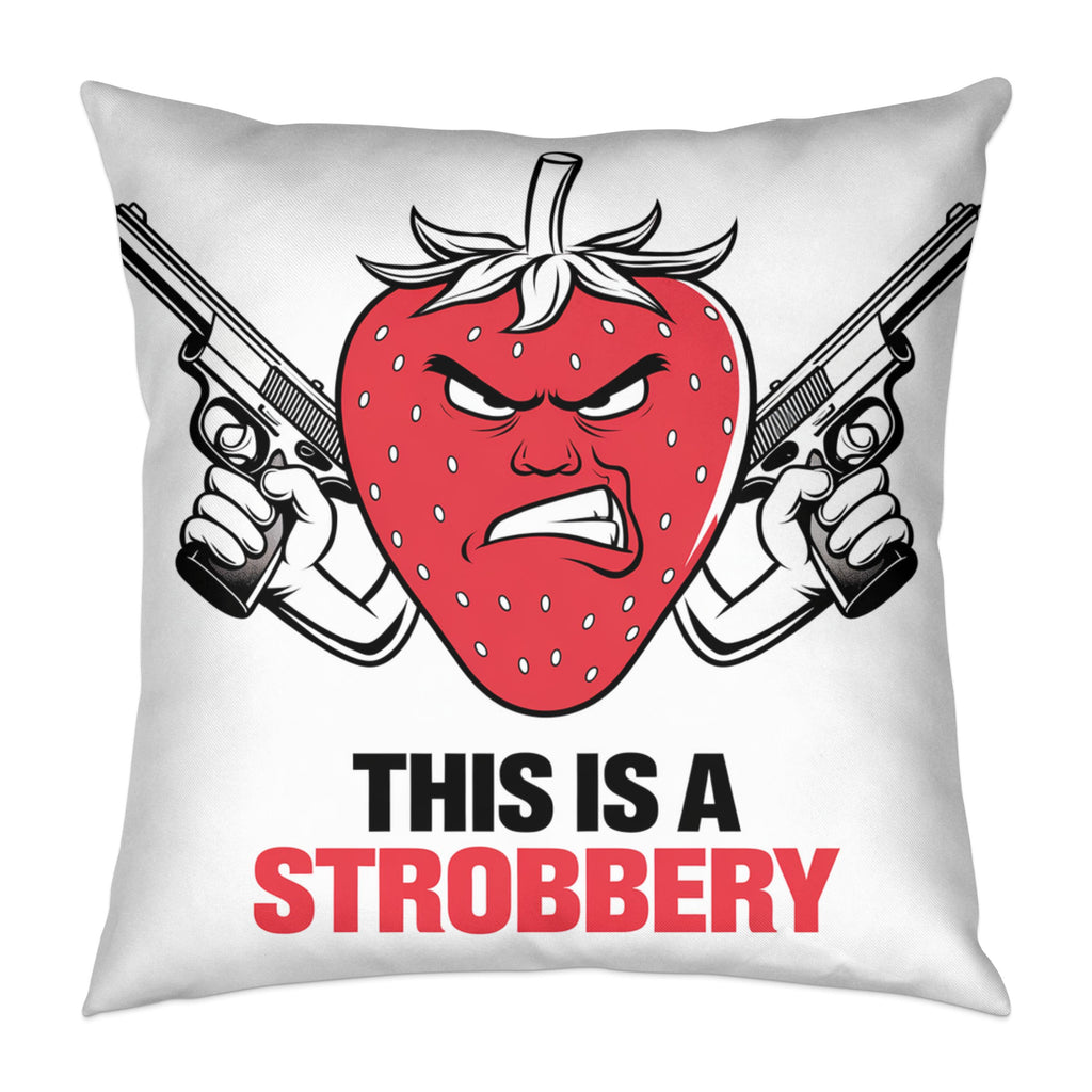Angry strawberry with guns and text "THIS IS A STROBERRY".
