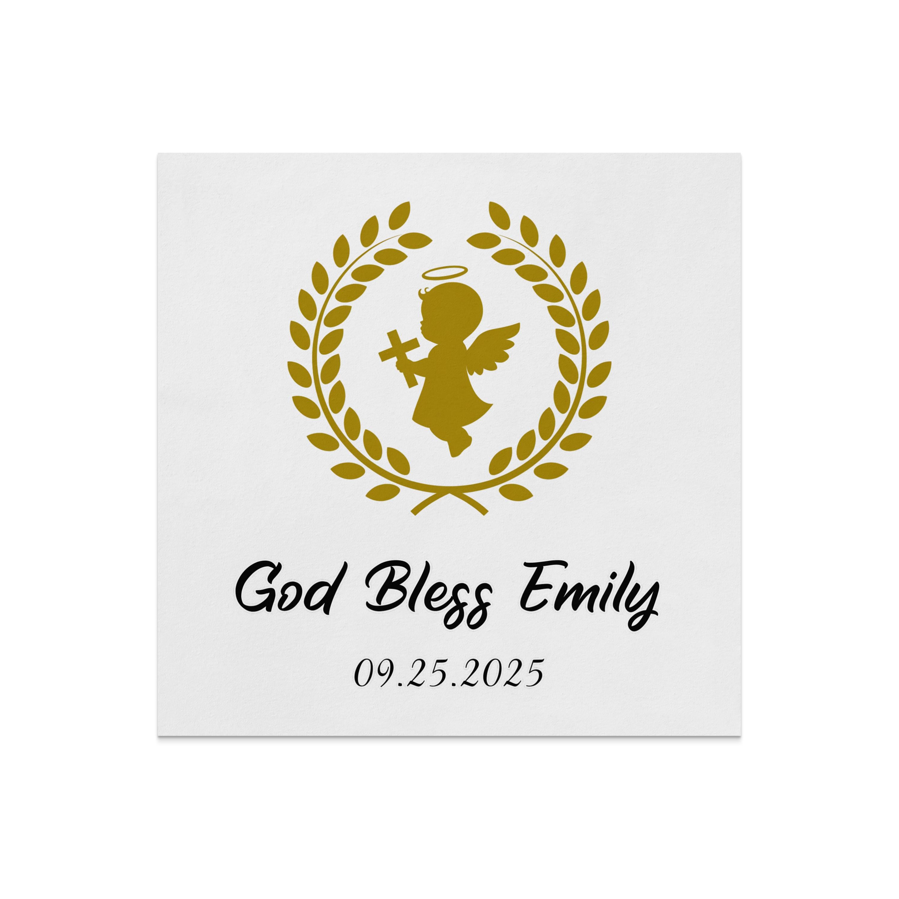 Gold angel with cross in laurel wreath above "God Bless Emily 09.25.2025".