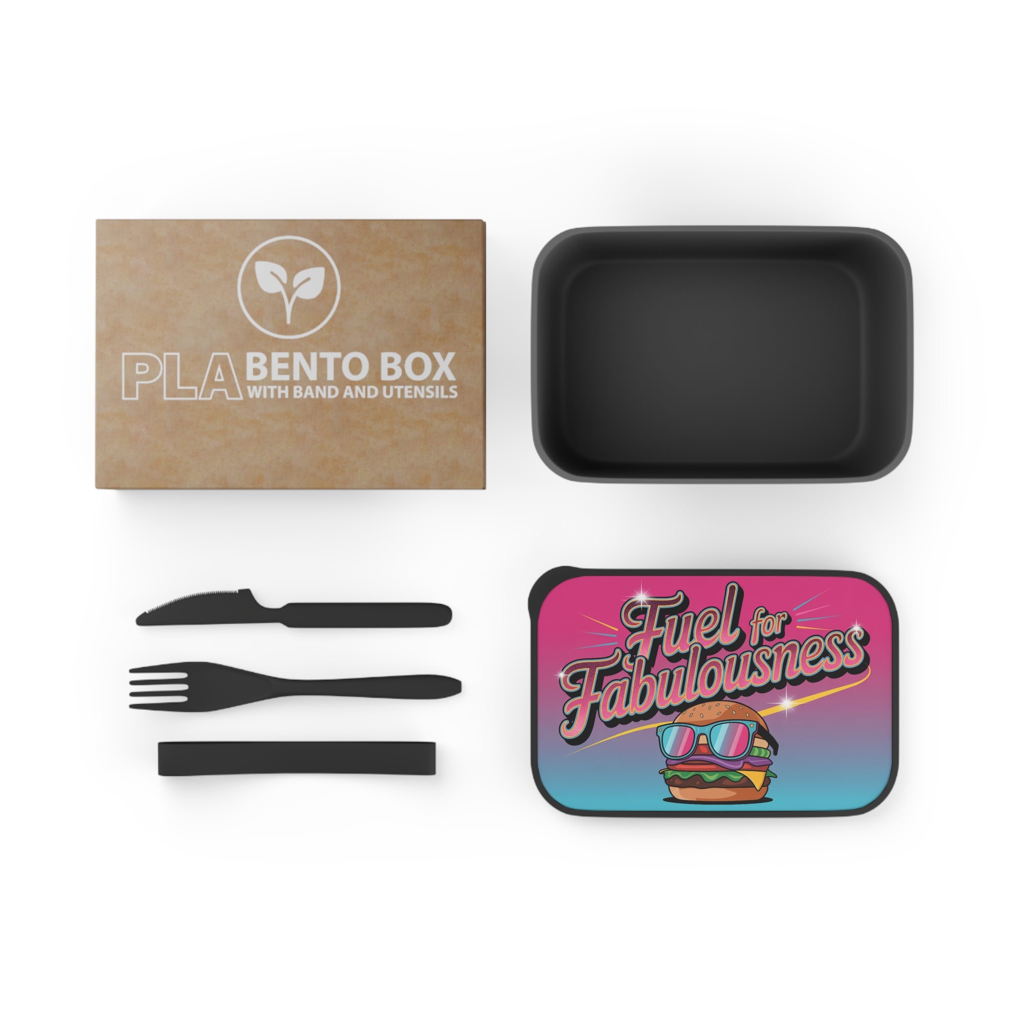 PLA Bento Box with utensils and colorful lid featuring burger and sunglasses.