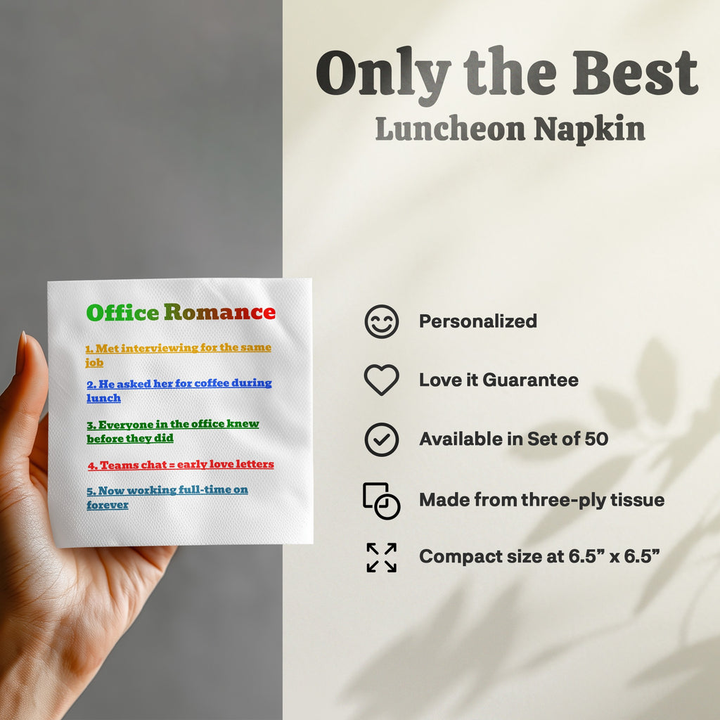 Luncheon napkin with "Office Romance" list and product features.