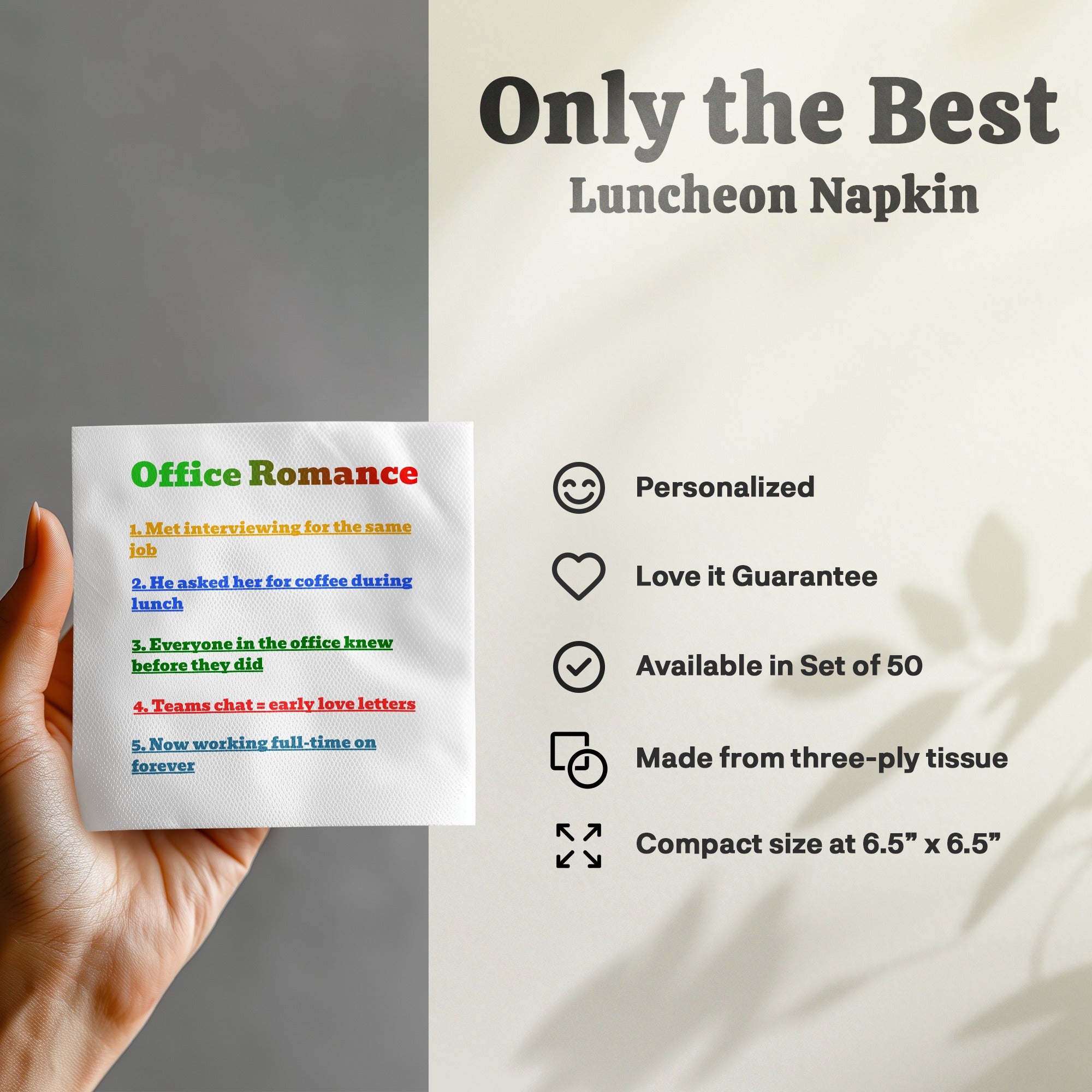 Luncheon napkin with "Office Romance" list and product features.
