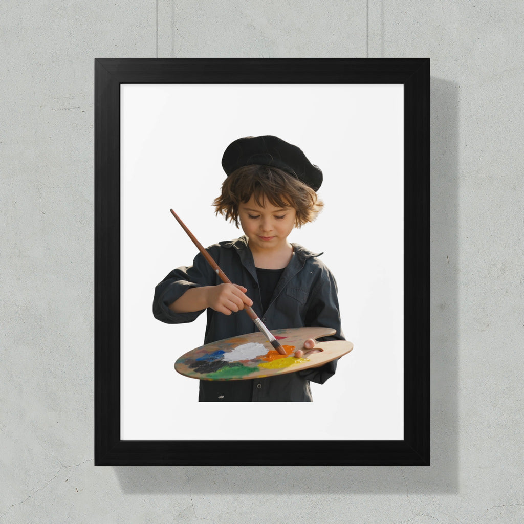 Child artist in beret paints on palette with brush on white background.