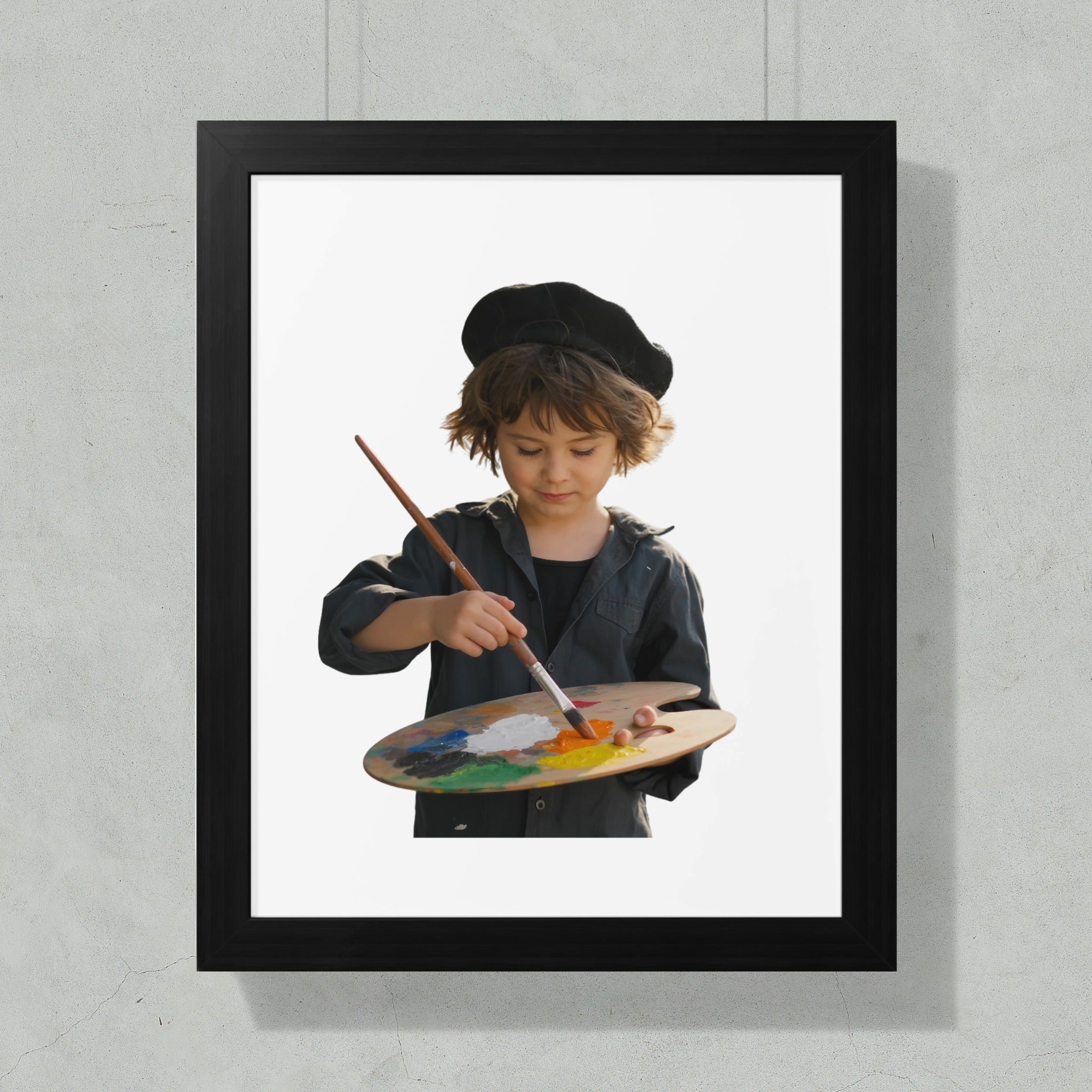Child artist in beret paints on palette with brush on white background.