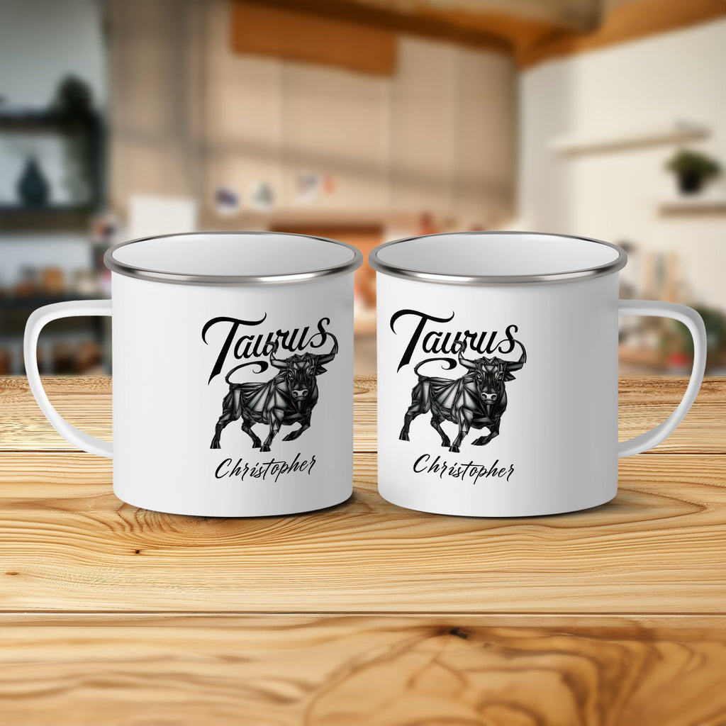 Two white enamel mugs, each with a Taurus bull graphic and personalized "Christopher."