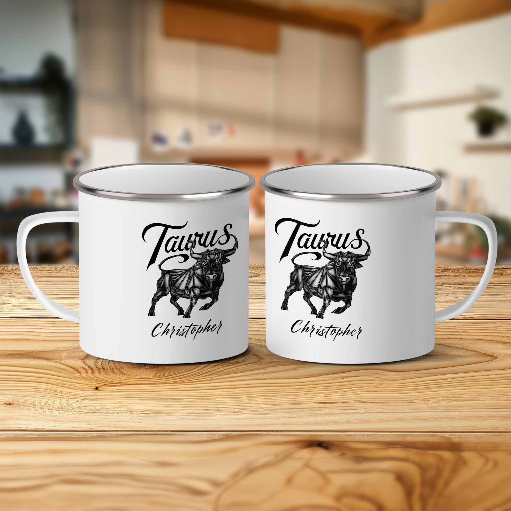 Two white enamel mugs, each with a Taurus bull graphic and personalized "Christopher."