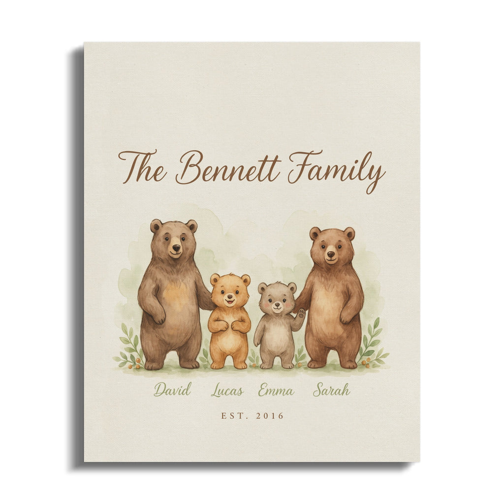 The Bennett Family woodland bears with names David, Lucas, Emma, Sarah, and EST. 2016.