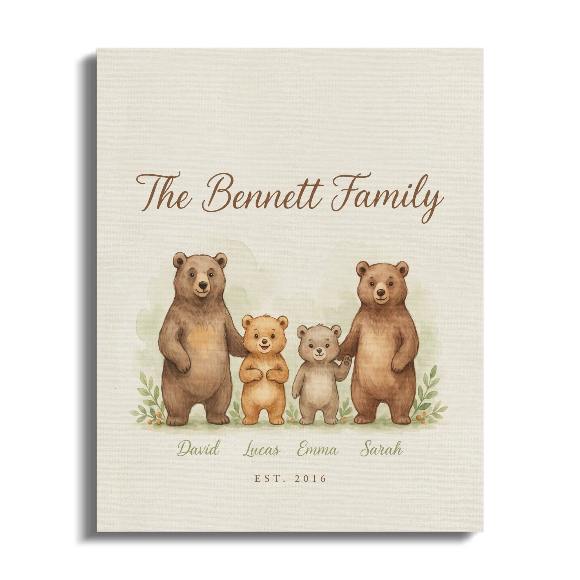 The Bennett Family woodland bears with names David, Lucas, Emma, Sarah, and EST. 2016.