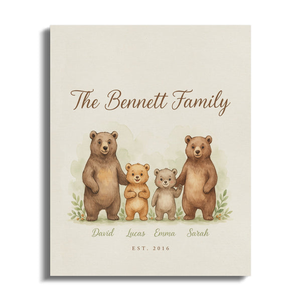 The Bennett Family woodland bears with names David, Lucas, Emma, Sarah, and EST. 2016.