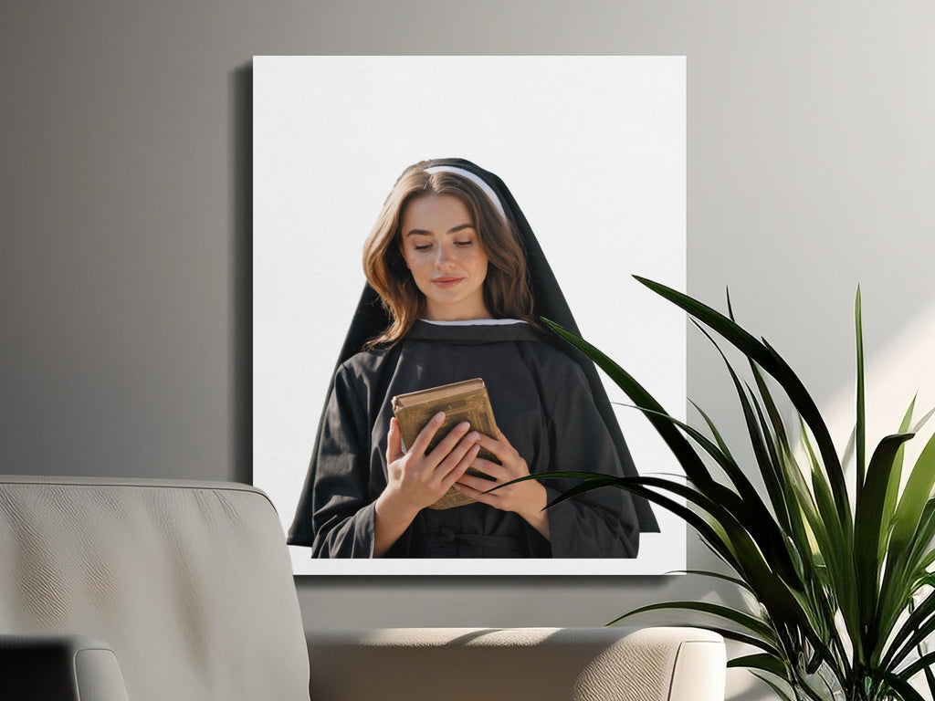Woman in nun habit reads a book.