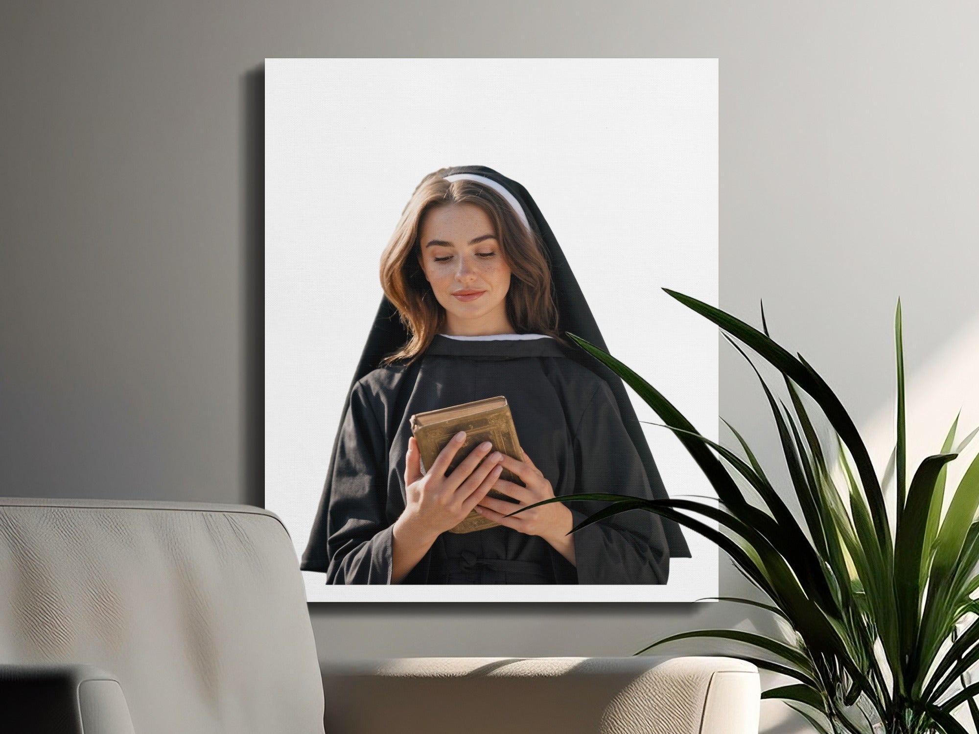 Woman in nun habit reads a book.